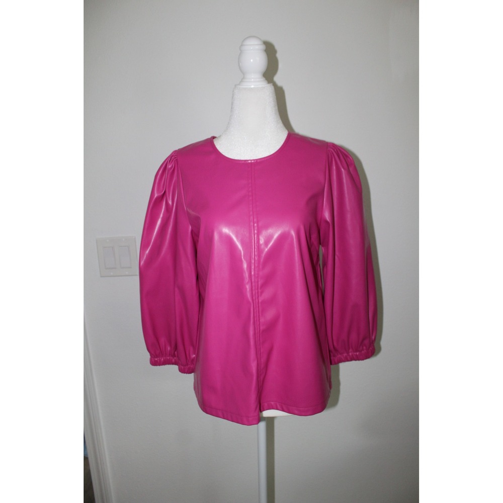 THML Women's Hot Pink Faux Vegan Leather Puff Sleeve Blouse Top Small NWT‎